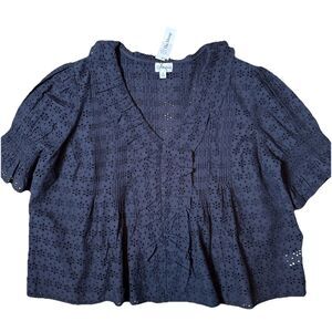 NWT The Drop Lanai Pintuck Eyelet Blouse Black 2X Ruffle Romantic Date Night